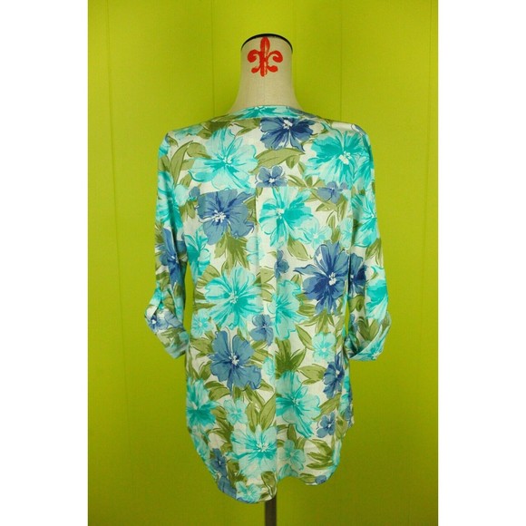 Ecco Bay Sz M Womens Linen/Rayon Tunic Shirt V-neck Roll Tab Pockets Floral EUC - Picture 4 of 10